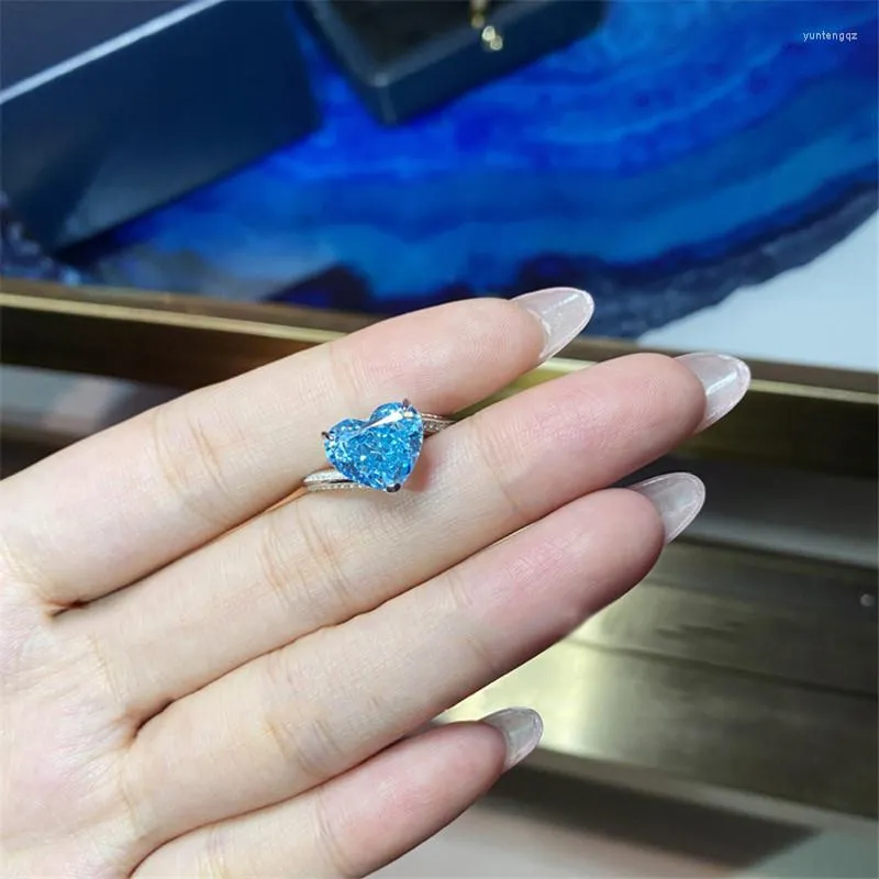 Anneaux De Mariage Grand Coeur Pierre Aqua Bleu Zircon Anneau De Luxe Cristal Amour Pour Les Femmes Bijoux Vintage Argent Couleur Couple Cadeaux