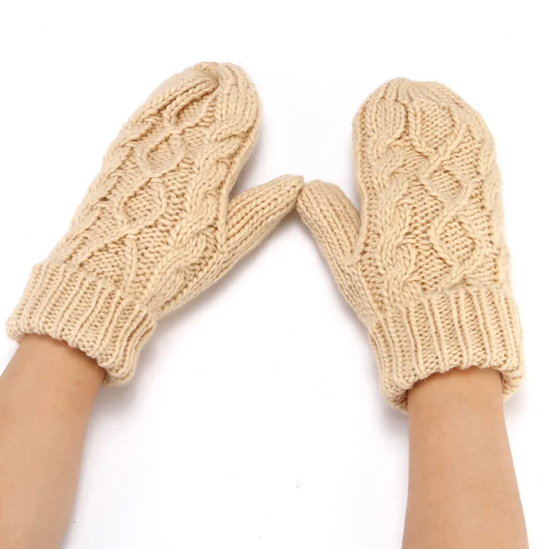 Knitted gloves women's bags finger gloves winter plush and thick warm wool neck hanging solid color Mittens