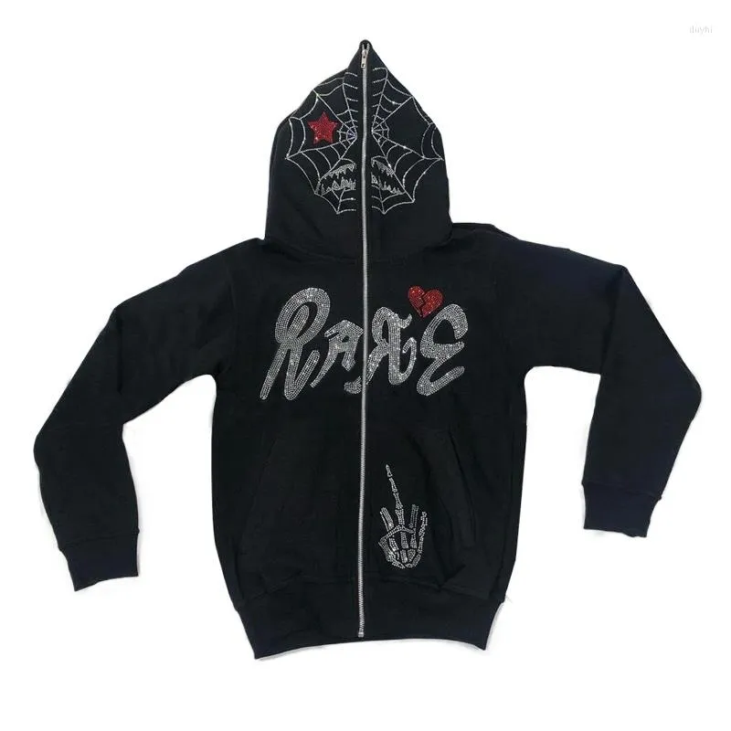 Herrtröjor y2k full zip up hoodie män höst vinter gotiska rhinestones web sweatshirt hip hop grunge skelett överdimensionerad jacka