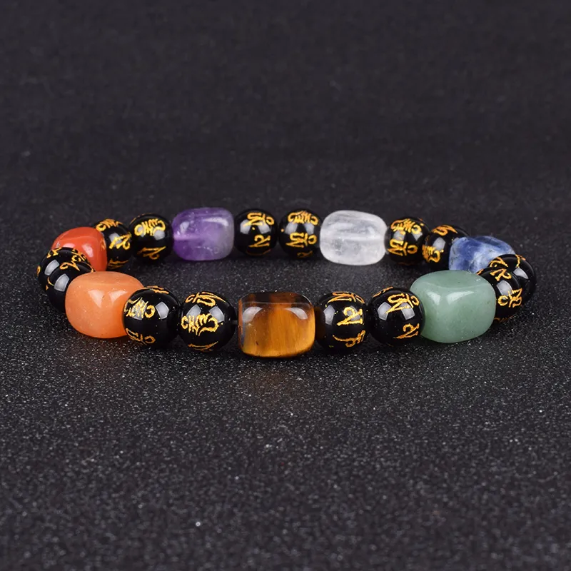 Buddha Sechs Worte 7 Chakra Armband Mode Männer Natürlichen Obsidian Fengshui Hand Kette Reichtum Und Glück Armreifen Frauen Schmuck