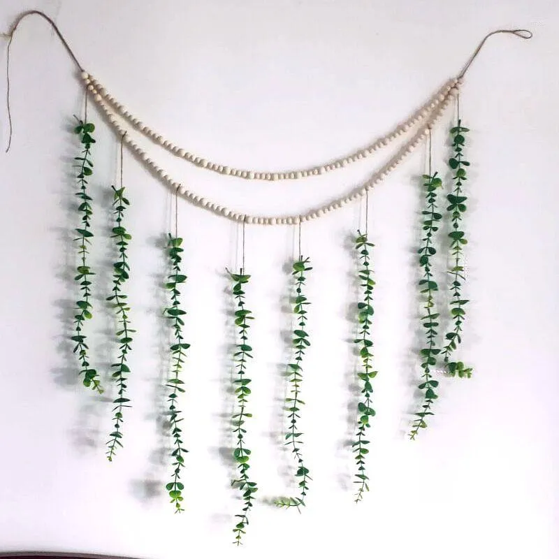 Decorative Flowers Bohemia Handmade Artificial Eucalyptus Leaves Tassel Garland With Wooden Beads Wall Hanging Boho Home Decor