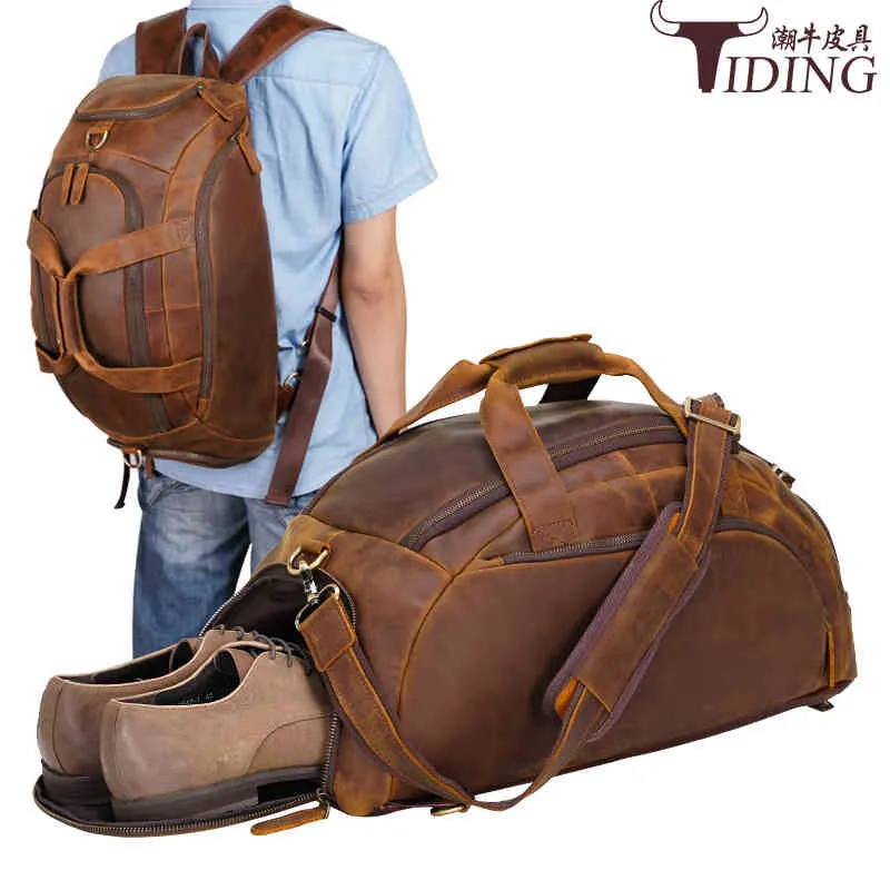 Sacs polochons Sac de bagage à main en cuir Chaoniu Sac à dos en cuir de grande capacité peut être utilisé comme sac de voyage d'entrepôt de chaussures indépendant pour homme 220920