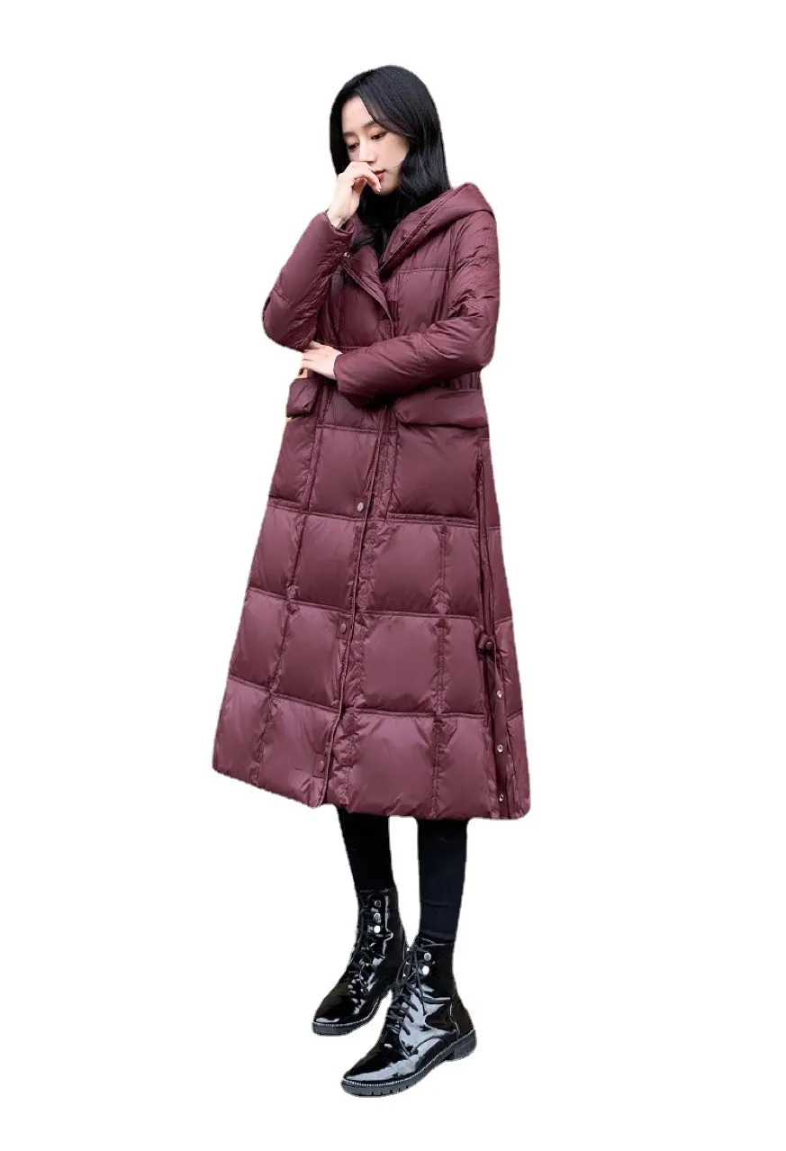 womens winter loose long down jacket womenv black thin and shiny hooded over-the-knee jackets thickened leisure coats