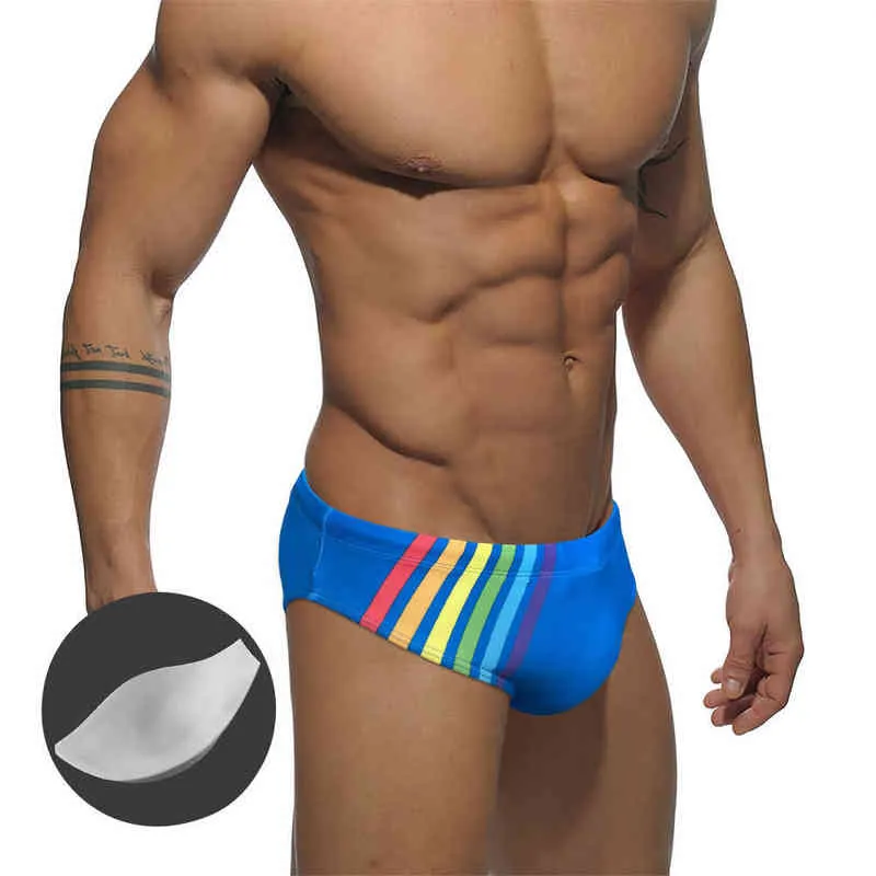 Herrbadkläder Europe America Fashion Sexig Rainbow Print Swimsuit Men med push -kuddar Triangel Shorts Summer Beach Surf Sport Bikini J220913