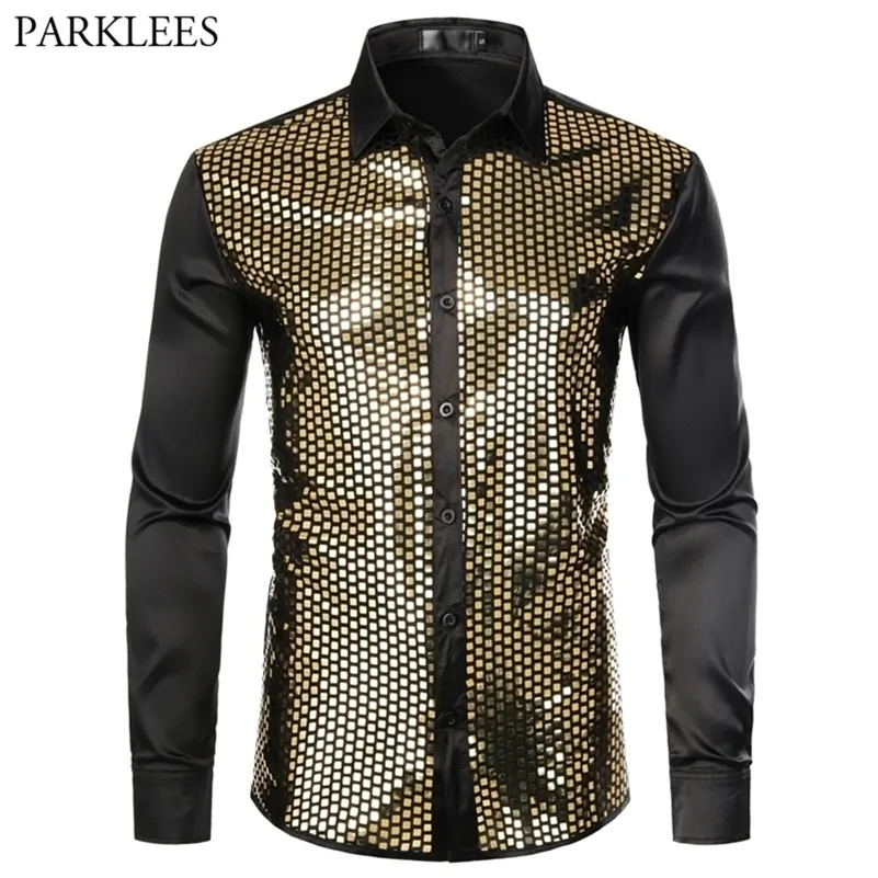 Men's Casual Shirts Shiny Gold Sequin Black Silk Dress Men Long Sleeve Button Down Party Male Nightclub Prom Chemise 220920