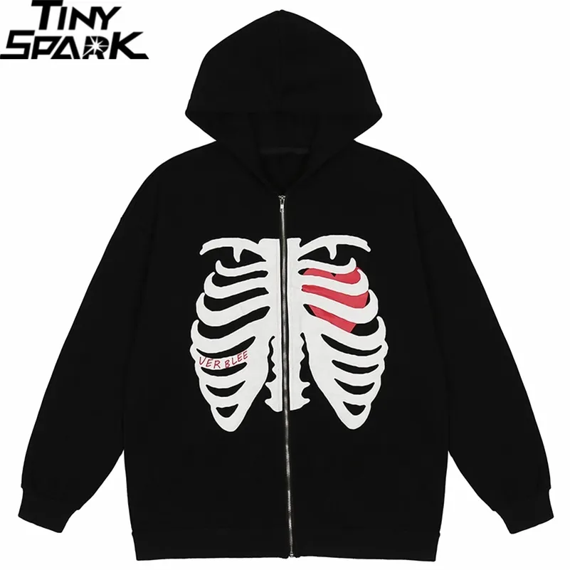 Men's Jackets Men Hip Hop Streetwear Hooded Jacket Sternum Skeleton Jacket Coat Harajuku Cotton Loose Jacket Spring Outwear Zipper Black 220921