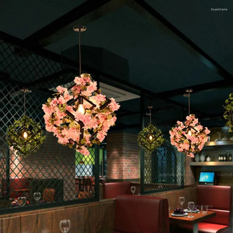 Pendant Lamps Square Simulation Green Plants Cherry Blossoms Chandelier For Bar Restaurant Retro Lamp Home Improvement