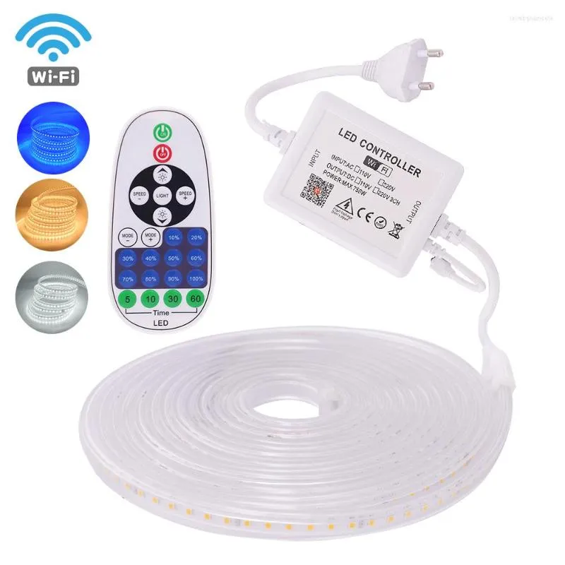 Tiras smd2835 tira led lumin wi -fi controle remoto fita adesivo 120leds/m diodo de fita flexível 110v 220V Branco/quente branco/azul