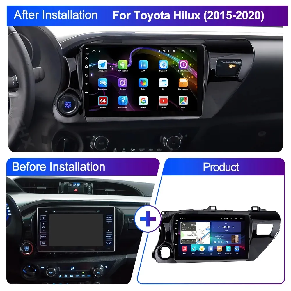 Toyota Hilux için Android GPS Araba Video Radyo 2din Multimedya Ses Oynatıcısı 2016-2018 LHD Destek Yedek Kamera