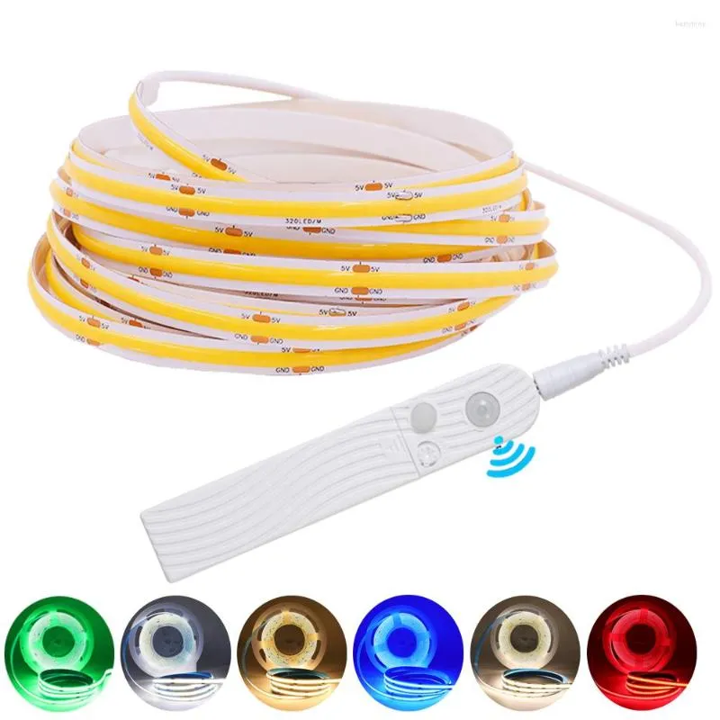 Strips PIR Motion Sensor Cob LED Strip Licht DC5V USB Batterij Power FOB Lichten Hoge dichtheid 320leds Flexibel tape Lint Touw