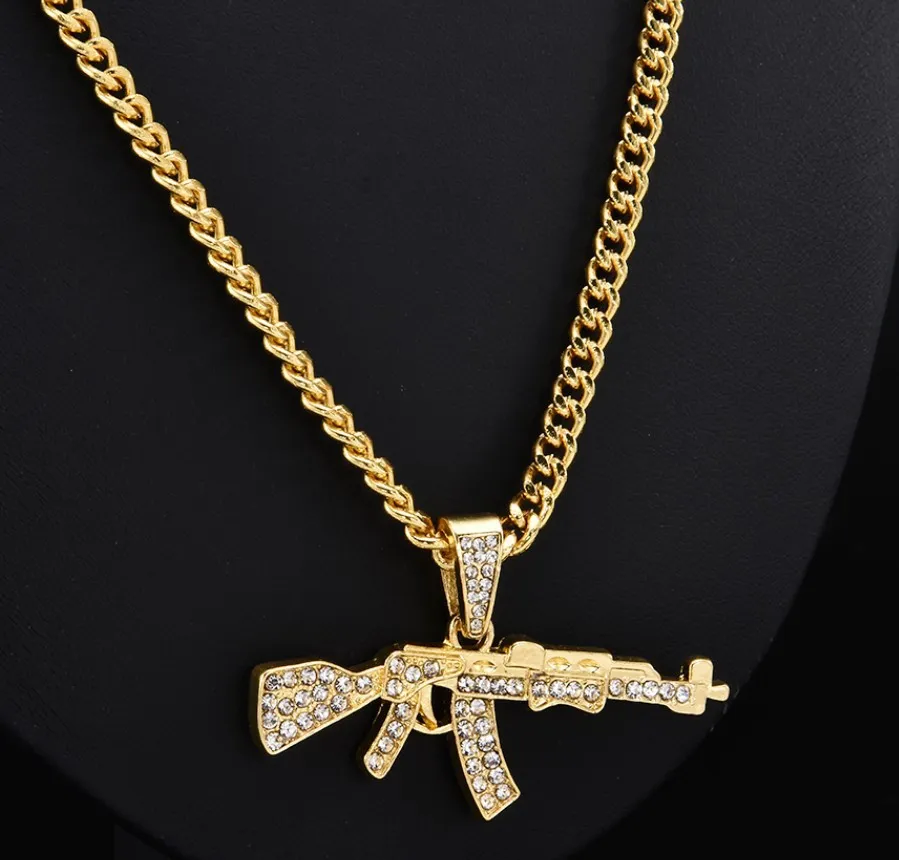 Mode Hip Hop Maschinenpistole Anhänger Halskette Kristall Ak 47 Strass Bling Kette Halskette Damen Männer Rapper Schmuck