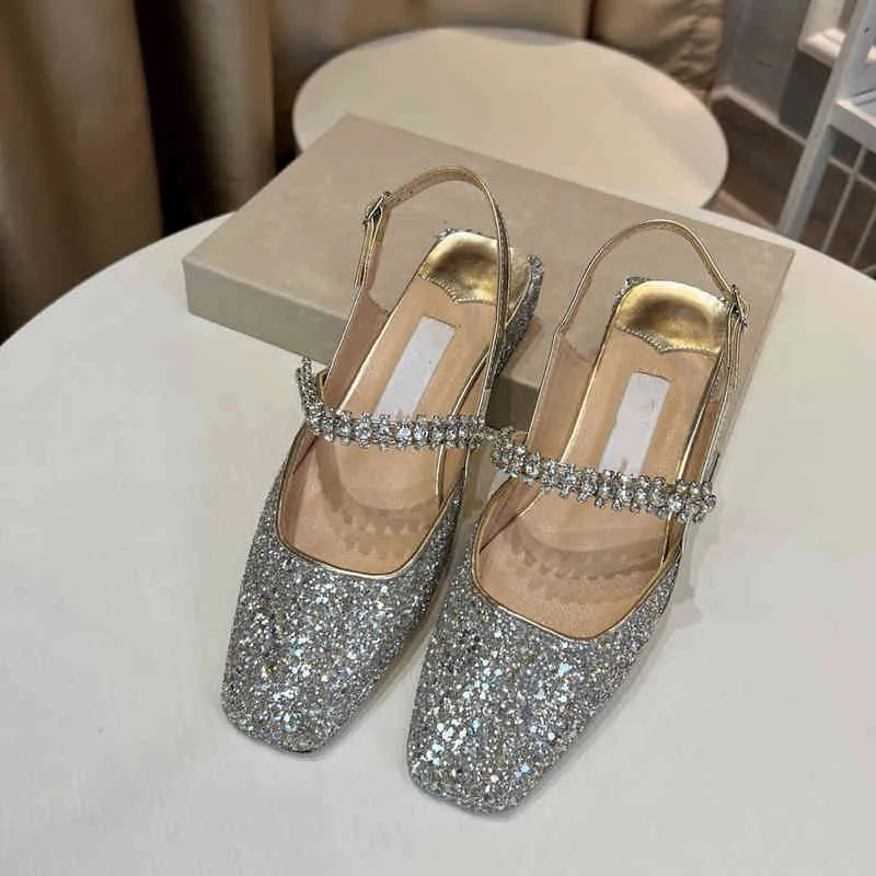 أحذية غير رسمية J Family Mary Jane النسائية الجديدة المربعة الصنادل Rhinestone في الربيع والصيف 2022