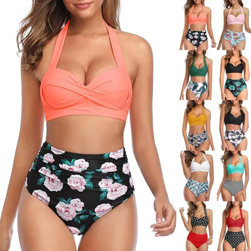 Traje de baño para mujer 2022 Correas de sujetador acolchado Traje de baño de cintura alta Vintage Dos piezas Retro Halter Ruched Print Bikini Set 40