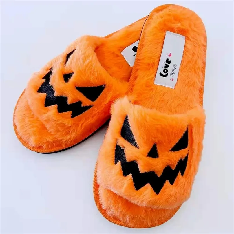 Kapcia Halloween Latarna Dyniowa Jesień miękki futrzany komfort zamknięty palec u stóp slajdy kobiet rozmiar 43 zapatos mejr 220921