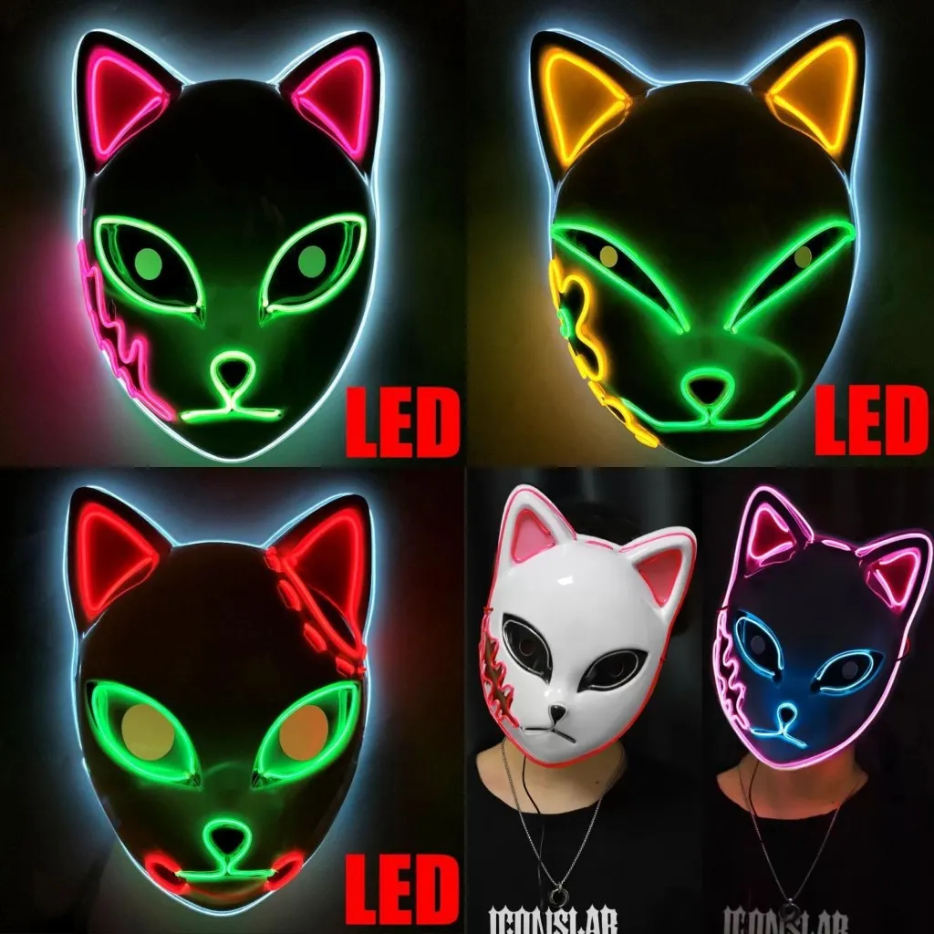 LED Glowing Cat Face Mask Party Decoration Cool Cosplay Neon Demon Slayer Fox Masks For Birthday Present Carnival Party Masquerade GC0921