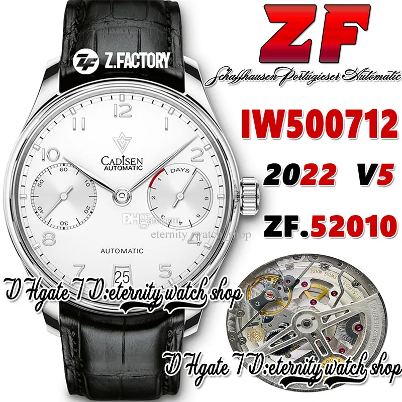 ZF V5 ZF500712 A52010オートマチックメンズウォッチホワイトパワーリザーブダイヤルシルバー番号マーカーステンレスケースブラックレザーストラップ2022スーパーエディションエターニングウォッチ