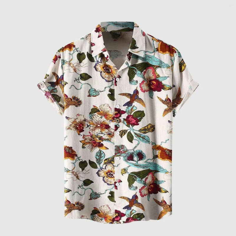 Camisas casuales para hombres Camisa hawaiana con estampado de pájaros y flores para hombres Camisa de manga corta con cuello vuelto y botones para hombres