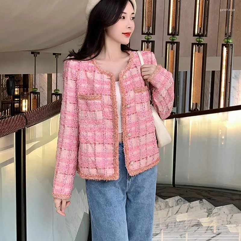 Women's Jackets Women's High Quality Tweed Coat Female Autumn Winter Women Long Sleeve Single Breasted Woolen Jacket Pink Plaid