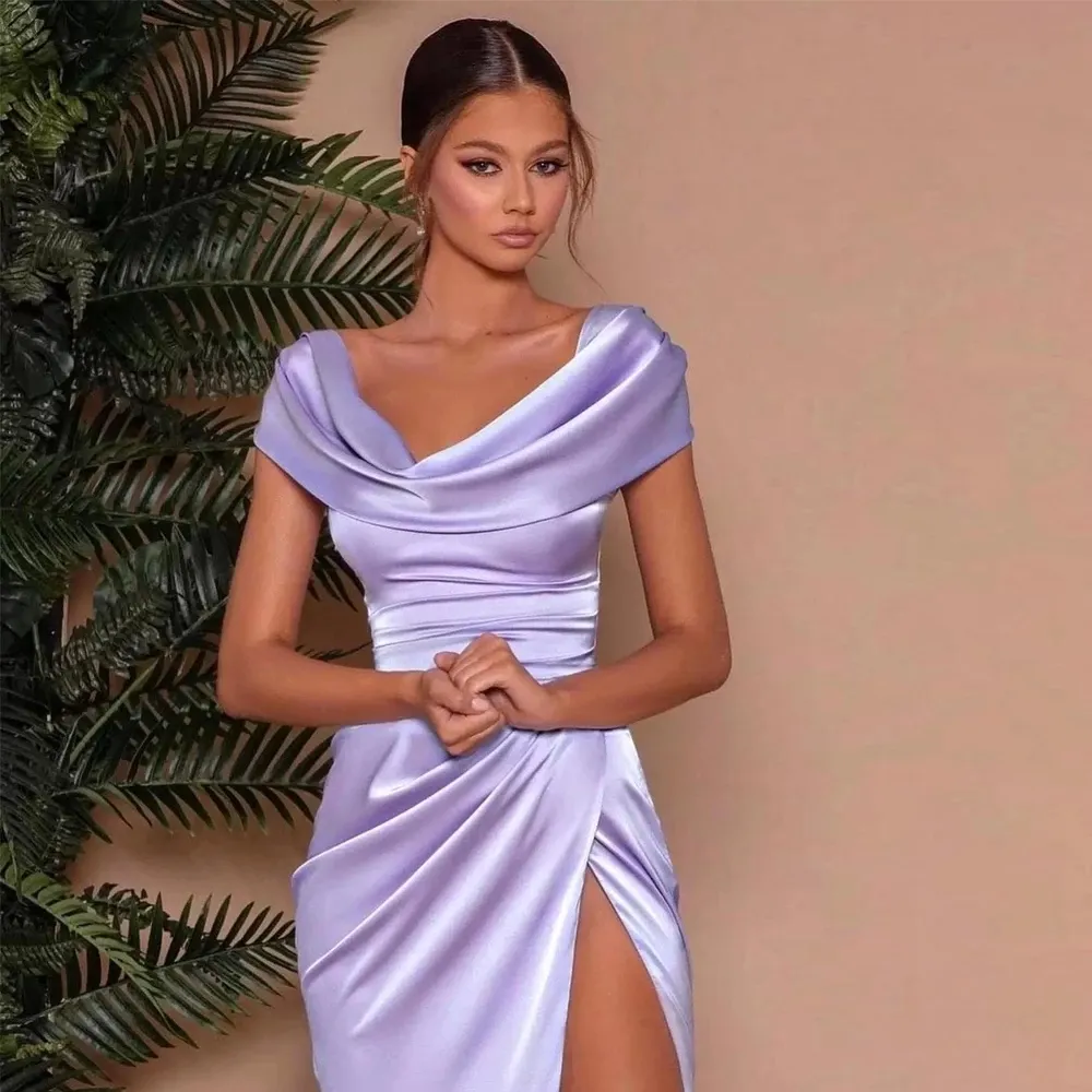 Lalic/Lavender Satin Mermaid Prom Party Dresses 2023 Cap Sleeves Side Split Maid of Honor Gown Ruched Plus Size Evening Occasion Gowns