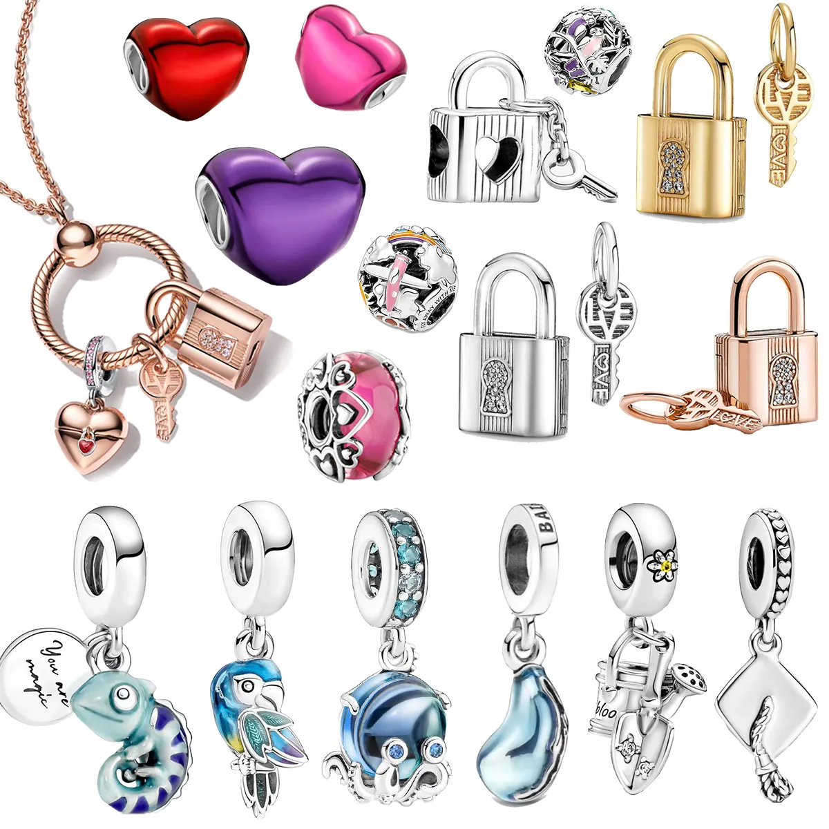 Nouveau populaire 925 Sterling Silver Charm Cadenas Clé et Coccinelle Coeur Charme pour Original Pandora Bracelet Femmes DIY Bijoux Cadeaux