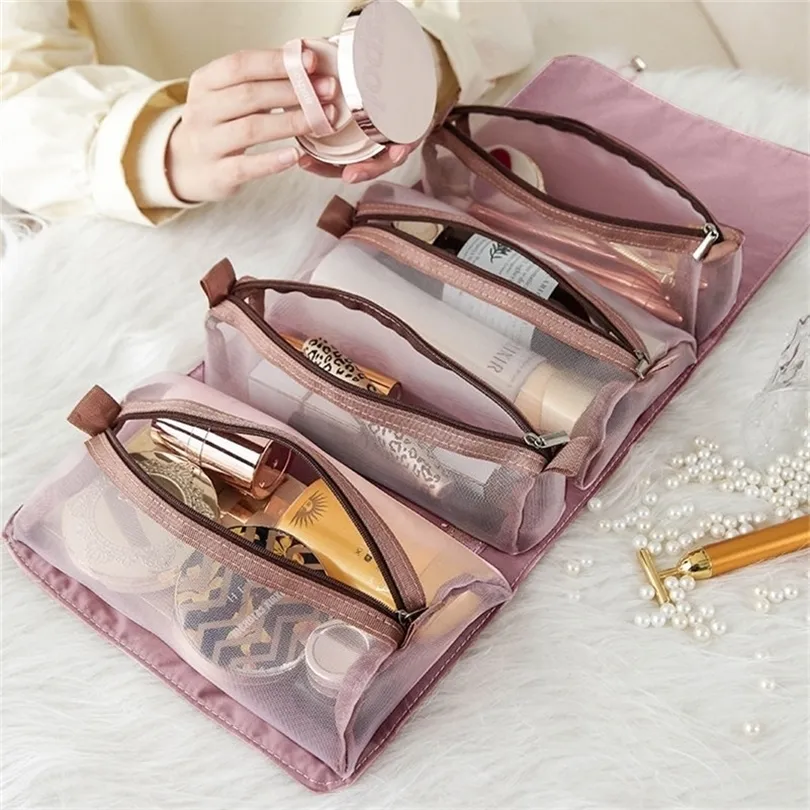 Cosmetic Bags Cases 4 pièces en 1 sac à cosmétiques pour femmes fermeture éclair maille séparable pochette à cosmétiques dames pliable en nylon sac corde sac de maquillage Kosmetyczka 220921