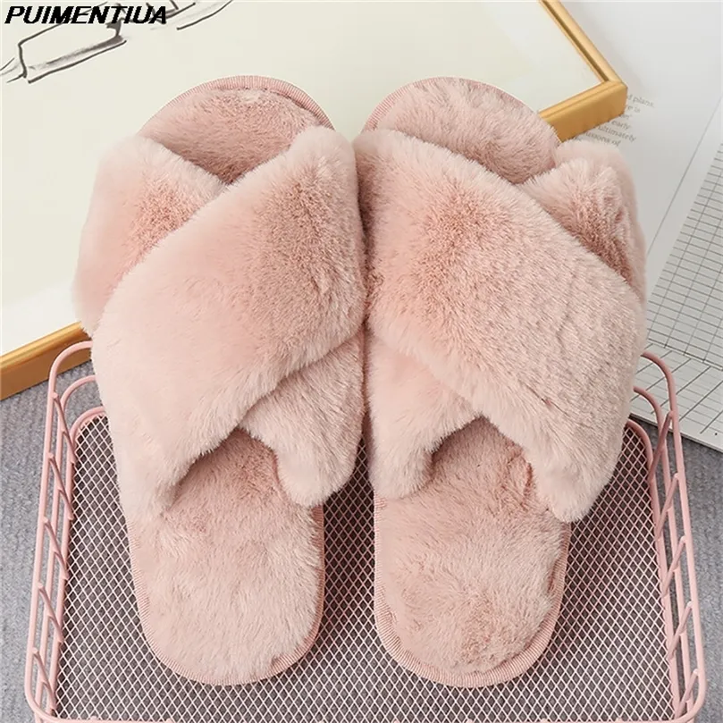 Slippare Design Women Winter House Furry Slippers Women Cross Fluffy Fur Home Slides Flat inomhus Golvskor Damer Flip Flops 220921