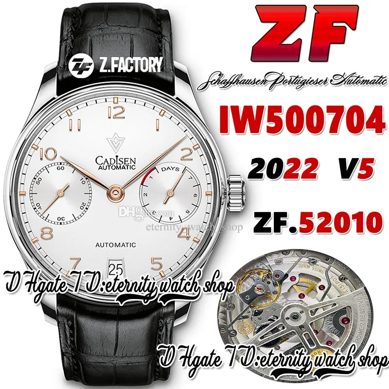 ZF V5 zf500704 A52010 自動巻きメンズウォッチホワイトパワーリザーブダイヤルゴールドナンバーマーカーステンレスケースブラックレザーストラップ 2022 スーパーエディションエタニティ腕時計