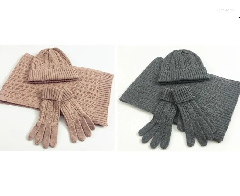 Beralar Avrupa ve Amerikan tarzı Sonbahar Kış Moda Örme Yün 3pcs Set Düz Renk Termal Külkü İplik Şapkalı Eşarp Eldivenleri