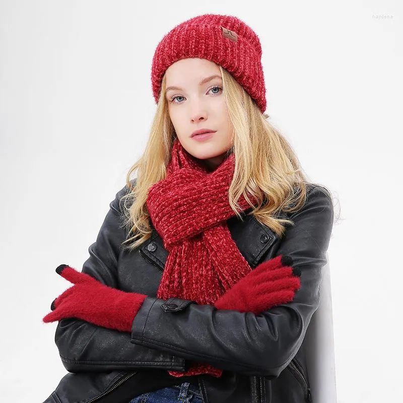 Berets Chenille Winter Hat And Scarf Set For Women Girl S Wool Skullies Beain Female Cap Scarves Gloves Red Color