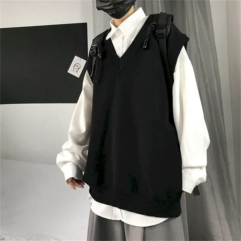 Men's Sweaters Men Sweater Vest Autumn Solid Color Knitted Male Korean Style Trend Loose V-neck Sleeveless Waistcoat Vest Sweater College Style 220921