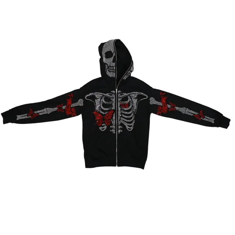 Heren Hoodies Sweatshirts Zip-Up Hoodie Men Y2K Kleding Mode Cool Butterfly Skeleton Print Unisex Sweatshirt Zipper Tops Coats 220920