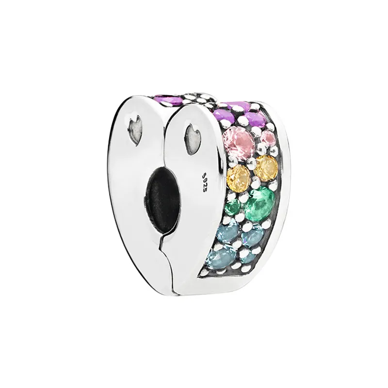CZ Diamond Love Heart Rainbow Clips Charm 디자이너 보석 DIY 액세서리 Pandora Bangle Bracelet Clip Charms를위한 오리지널 소매 상자