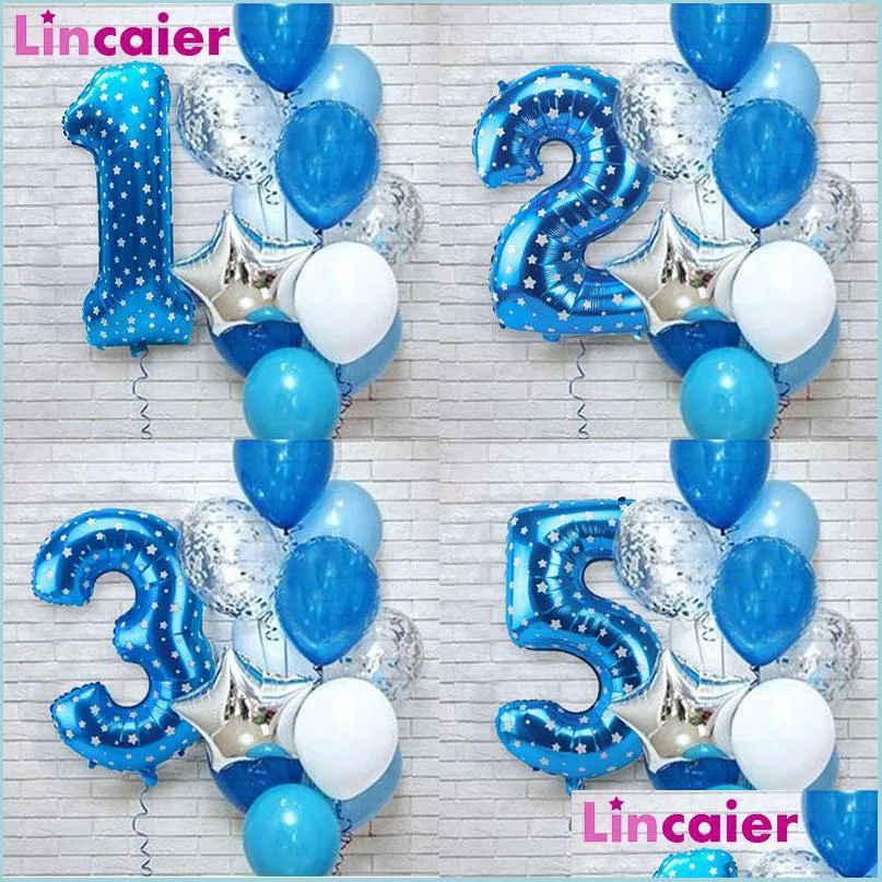 Decoração de festa 12pcs Número azul FOIL Balões de látex Feliz aniversário filhos meu 1º 1 ano de um ano First Boy Girl Supplies Drop Delt 20 DHNYB