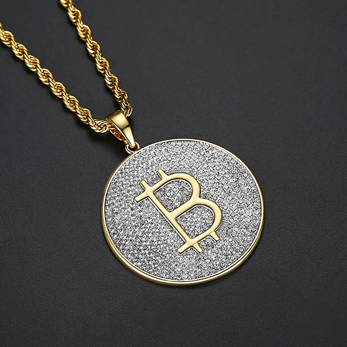 Hip Hop Full Zircon Round Card Letter Pendant Necklace Gold Plated Large Bling Mens Necklace Rap Jewelry