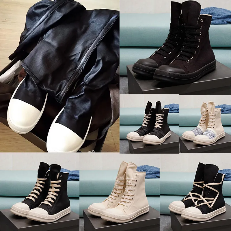 デザイナーのリックオーウェンブーツキャンバスハイトップシューズプラットフォームブートメンズ女性靴ブラックレースアップブーティー