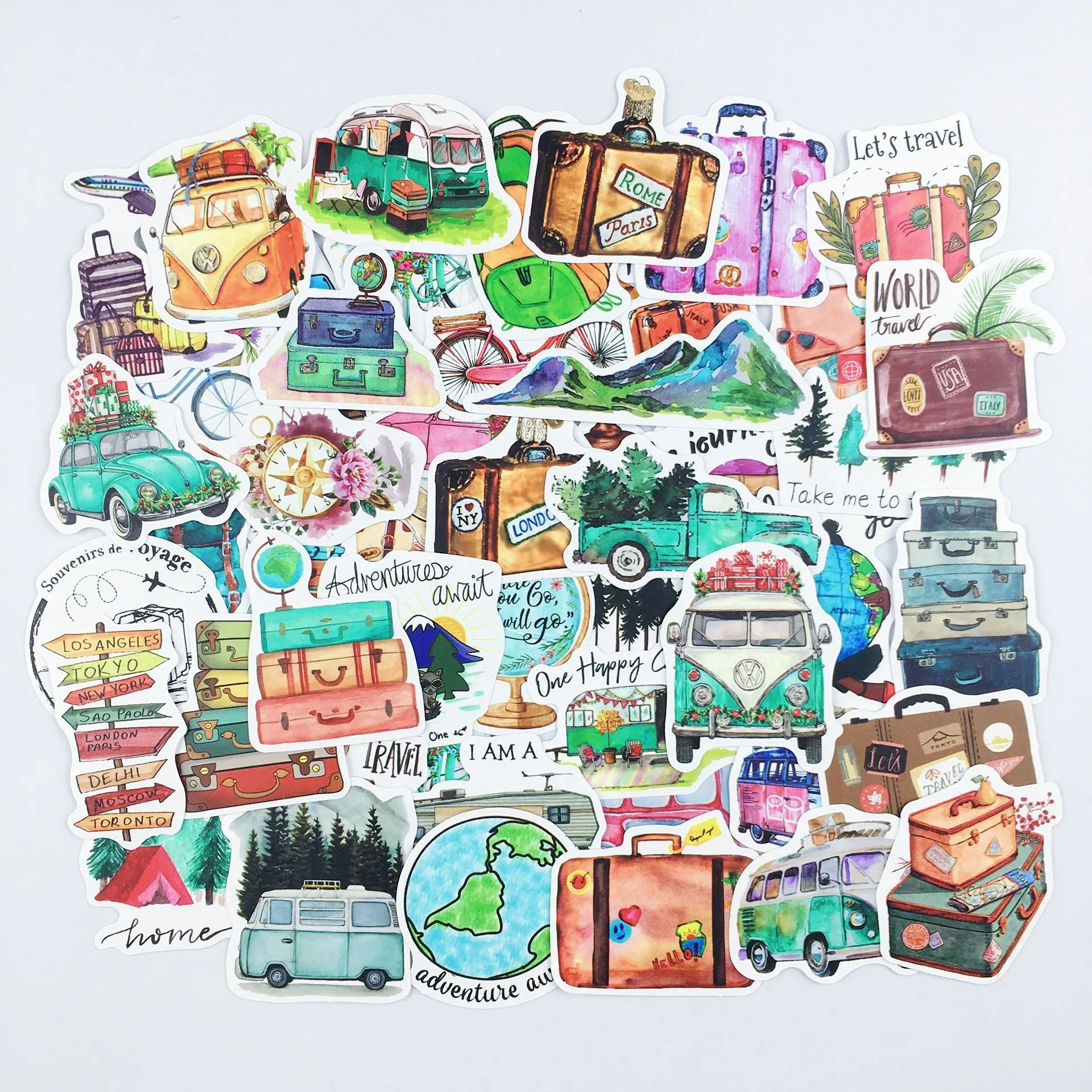 50 Watercolor Outdoor Travel Cute Stickers For Journal Wholesale Vinyl Decals For Laptops, Car