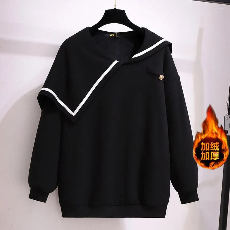 Kvinnors hoodies 150 kg plus size Women's Winter Loose Fleece Striped Sailor Sweatshirts Bust 157cm 6xl 7xl 8xl 9xl 10xl Casual