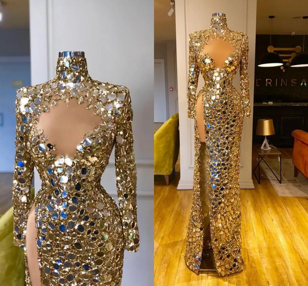 Luxury Gold O-Neck Prom Party dresses Mirror Natural Straight african long sleeve Floor-Length Sequins Woman Evening gowns