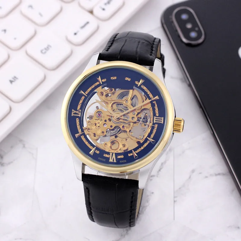 Orologi da uomo di lusso delle migliori marche Orologi da uomo d'oro da uomo di design Quadrante scheletrato Cinturino in vera pelle Orologi da polso meccanici automatici da 43 mm regalo di compleanno da uomo