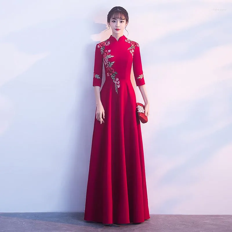 Roupas étnicas noiva bordado vermelho chinês vestido de noiva tradicional feminino vestidos de noite oriental longa qipao robe chinoise modern