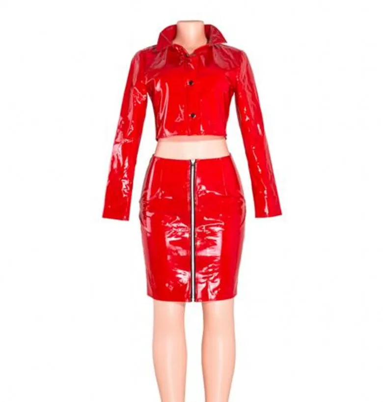 Cosplay Halloween Costume Sexy PVC Leather Two Piece Set Red Mini Dress  with Long Sleeves from Dhgate Catsuit Costumes - price 40.21