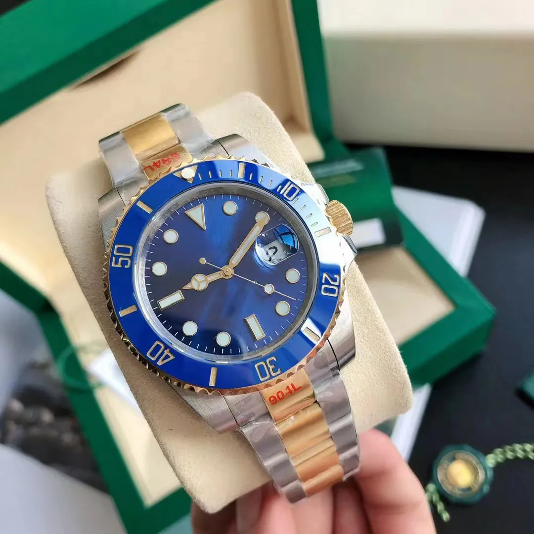 montre homme montres sous-marines mécaniques 40mm Cadran bleu précieux Entre l'or Bracelet en acier inoxydable Miroir saphir étanche 50off Montre De Luxe