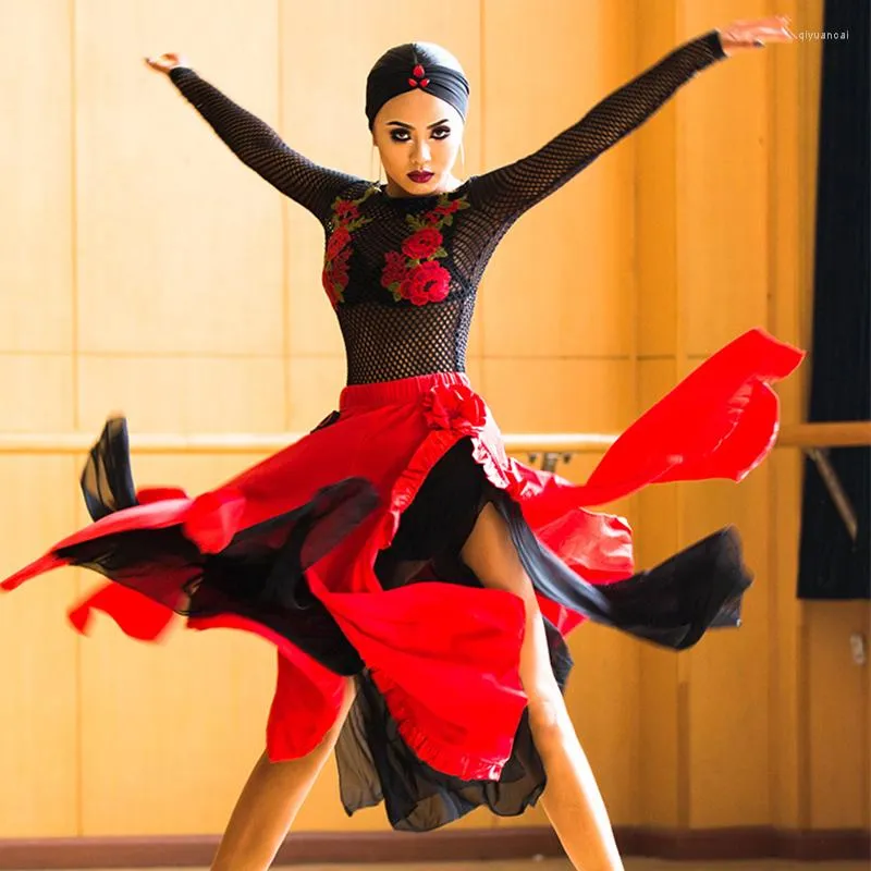 Stage Wear Latin Dance Dress Black Mesh Embroidery Top Red Sexy