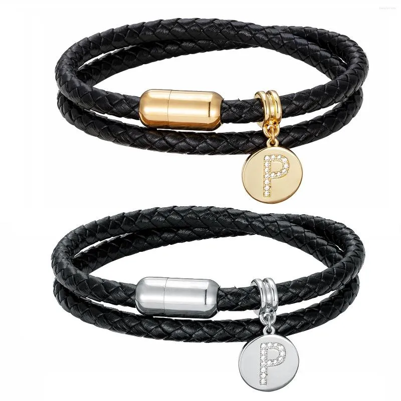 Charmarmband Trendiga A-Z Letter Armband för kvinnor Guldmetall Alfabet Kvinnor Black Leather Rope Chain Par Jewelry Gift