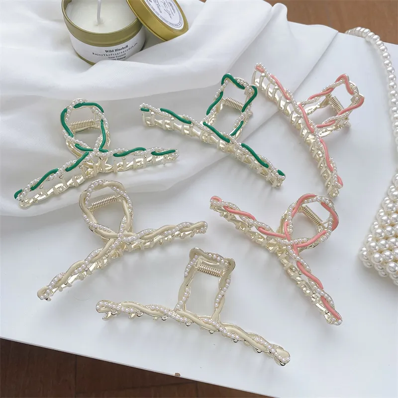 Drops Oil Beads T Word Ribbon Hair Clamps Clip Twist Contrast Color Alloy Hair Claws Women Large Hairpins Length 11.2 CM Headdress Scrunchies Jewelry Wholesale