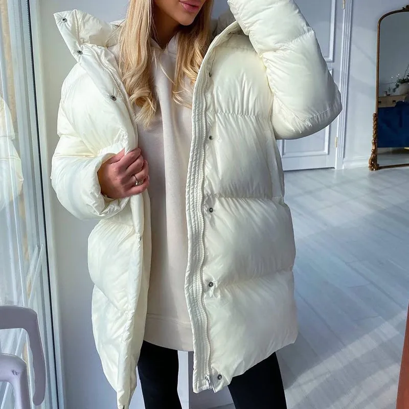 Women Down et Winter Solid Color Snap z kapturem kieszonkowy kieszonkowy europejski i piękne kobiety długie bawełniane płaszcze