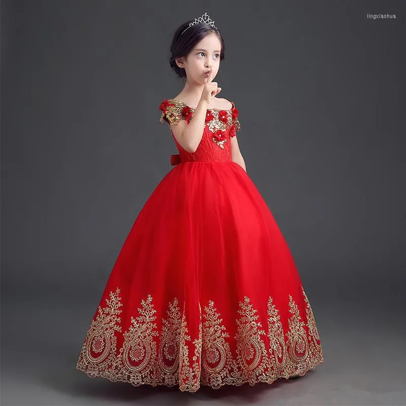 Abiti da ragazza Abito da cerimonia formale rosso lungo fino al pavimento con abito da ballo per bambini lungo in pizzo con applicazioni in pizzo principessa Brithday 3D