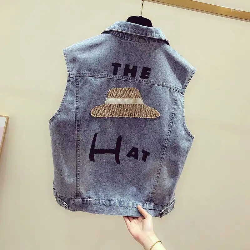 Women's Vests Women's MUMUZI Women Vest Fashion Denim Waistcoat Slim Cotton 2022 Beaded Back Hat Female Sleeveless Jean Jackets