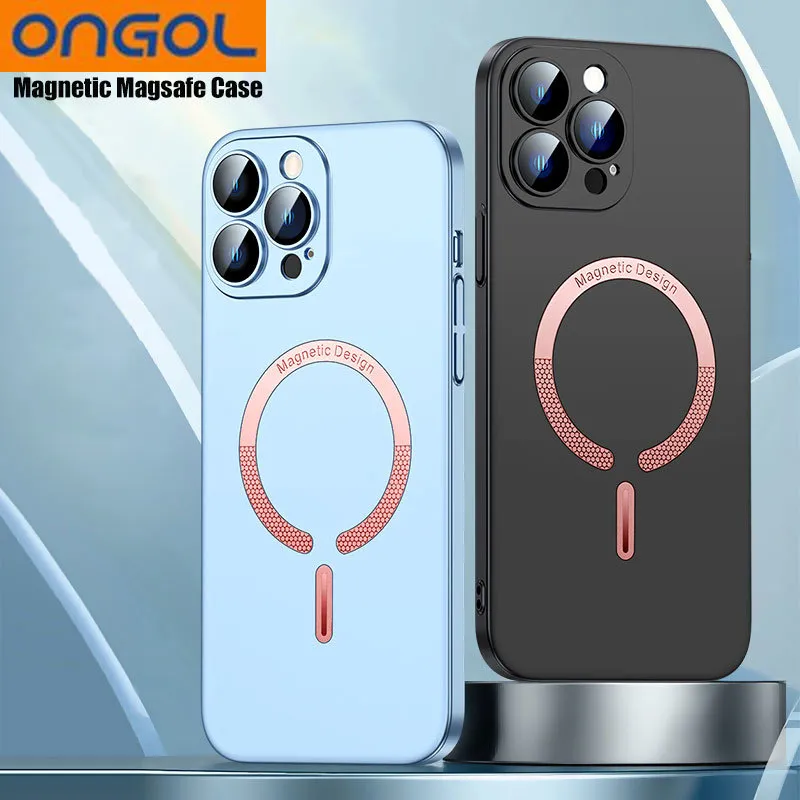 Ongol Magsafe Capas Slim Matte Hard PC Glass Camera Protector Phone Case para iPhone 14 13 12 Pro Max