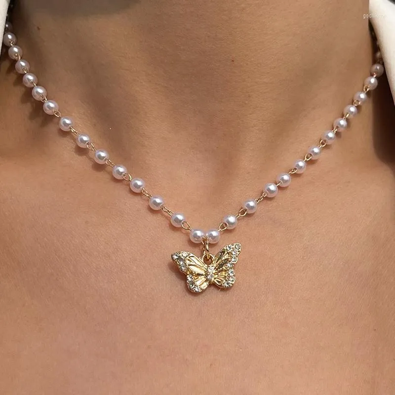 Anhänger Halsketten Vintage Perle Schmetterling Choker Halskette für Frauen Mädchen 2022 Mode Strass Schlüsselbein Kette Y2K Schmuck